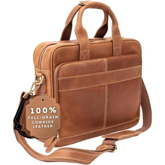 Men's Handcrafted Leather Laptop Bag, Light Brown, Fits 15.6" Laptop